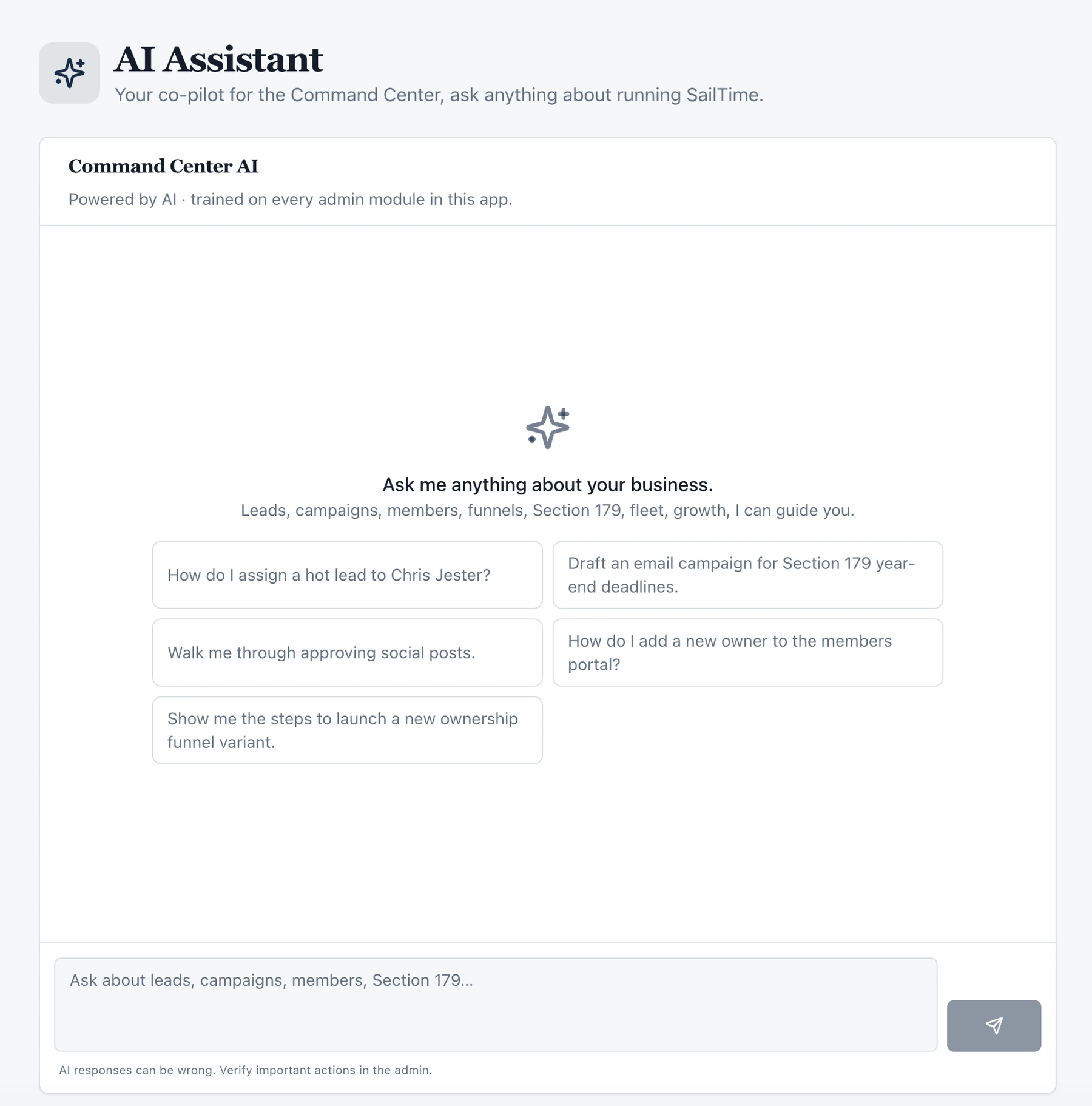 SailTime Command Center AI assistant, client data blurred