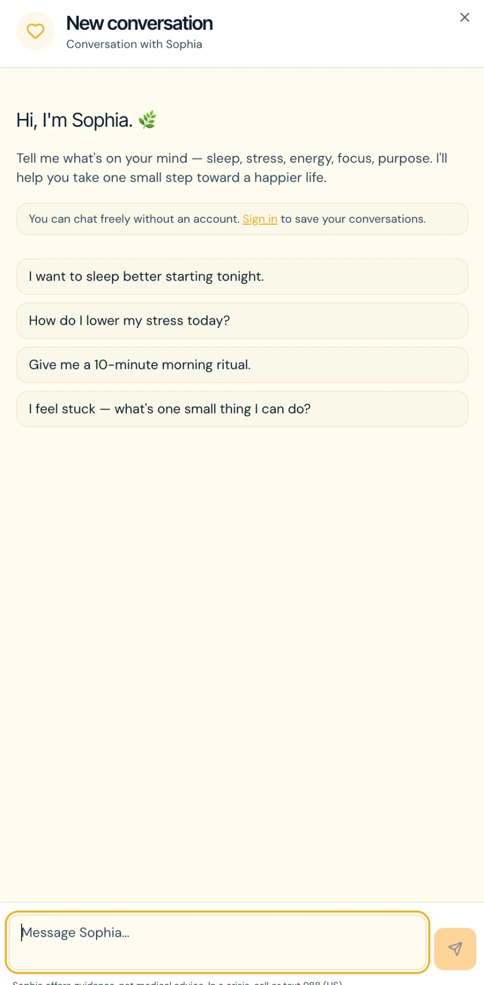 Happy Life Labs Sophia AI guide, client data blurred