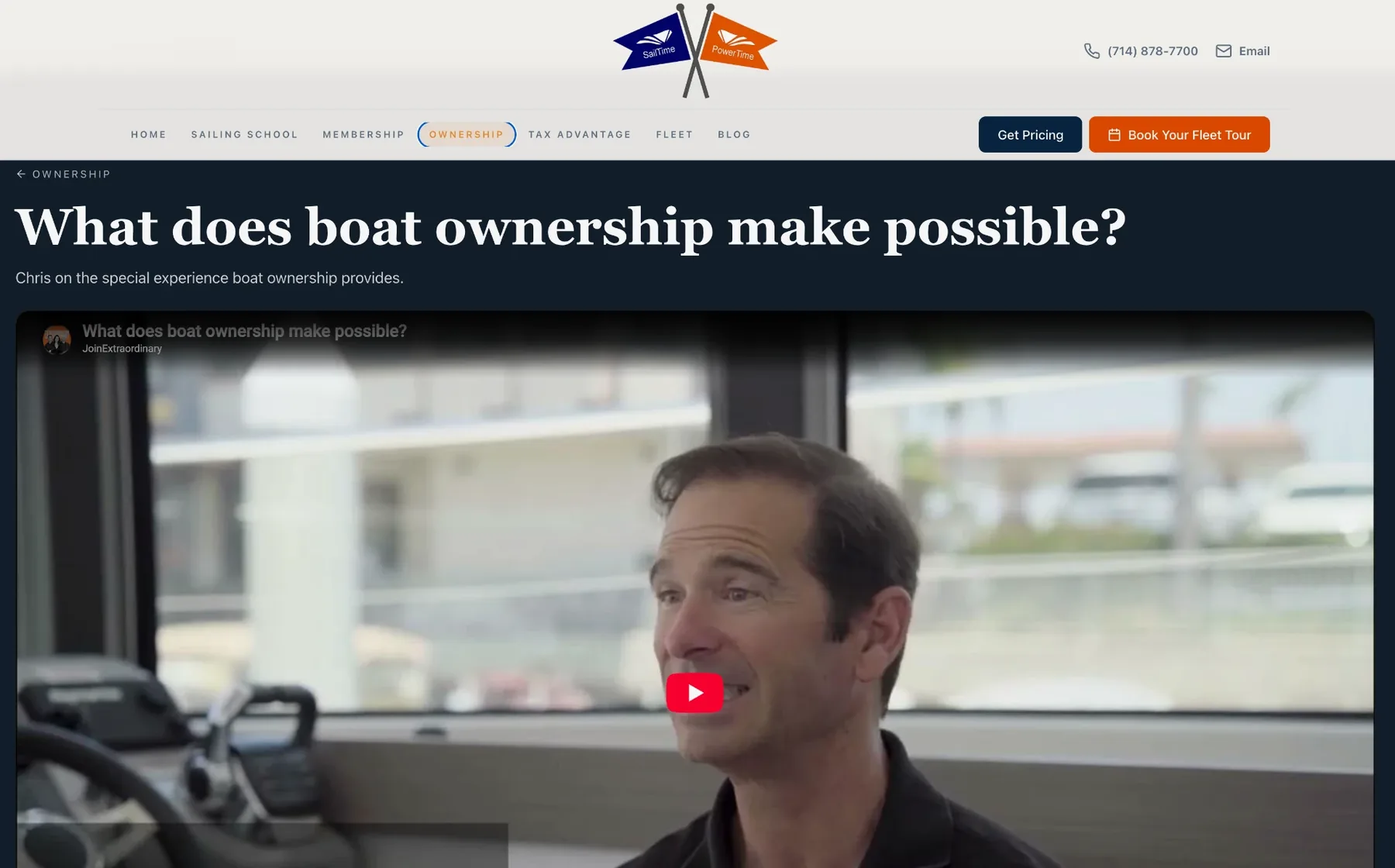 SailTime video-first funnel page, client data blurred